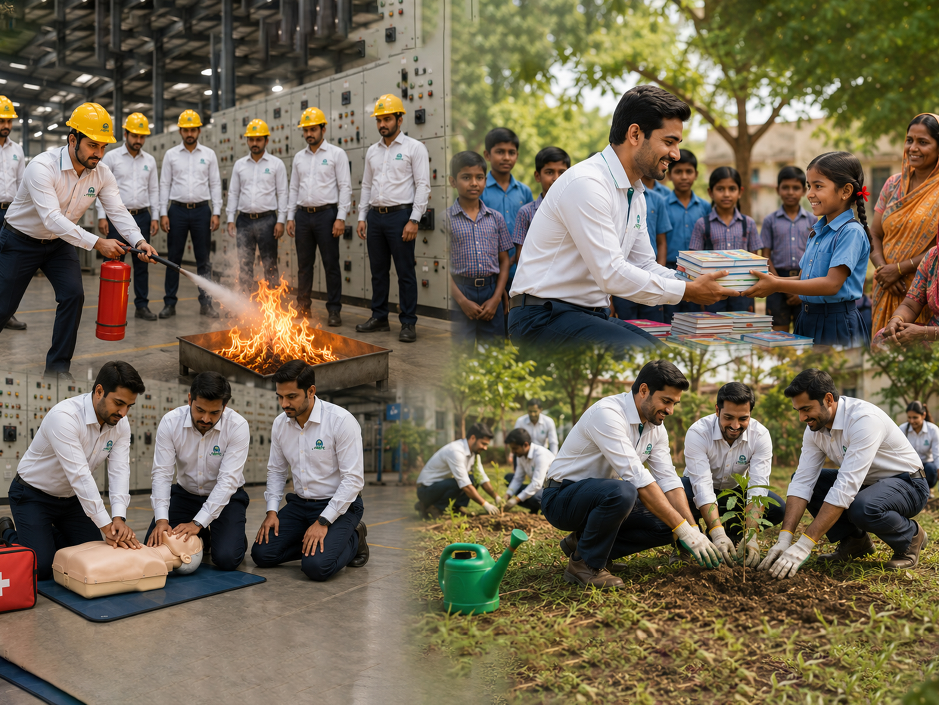 Asiatic team participating in CSR activities including fire safety training, first aid training, book distribution and tree plantation